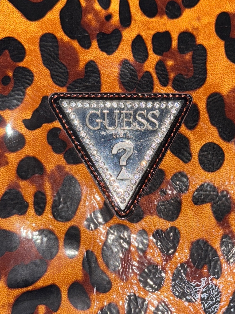 Guess Leopard Patent Leather Diamond Logo Shoulder Tote Bag Black Brown - Picture 5 of 8